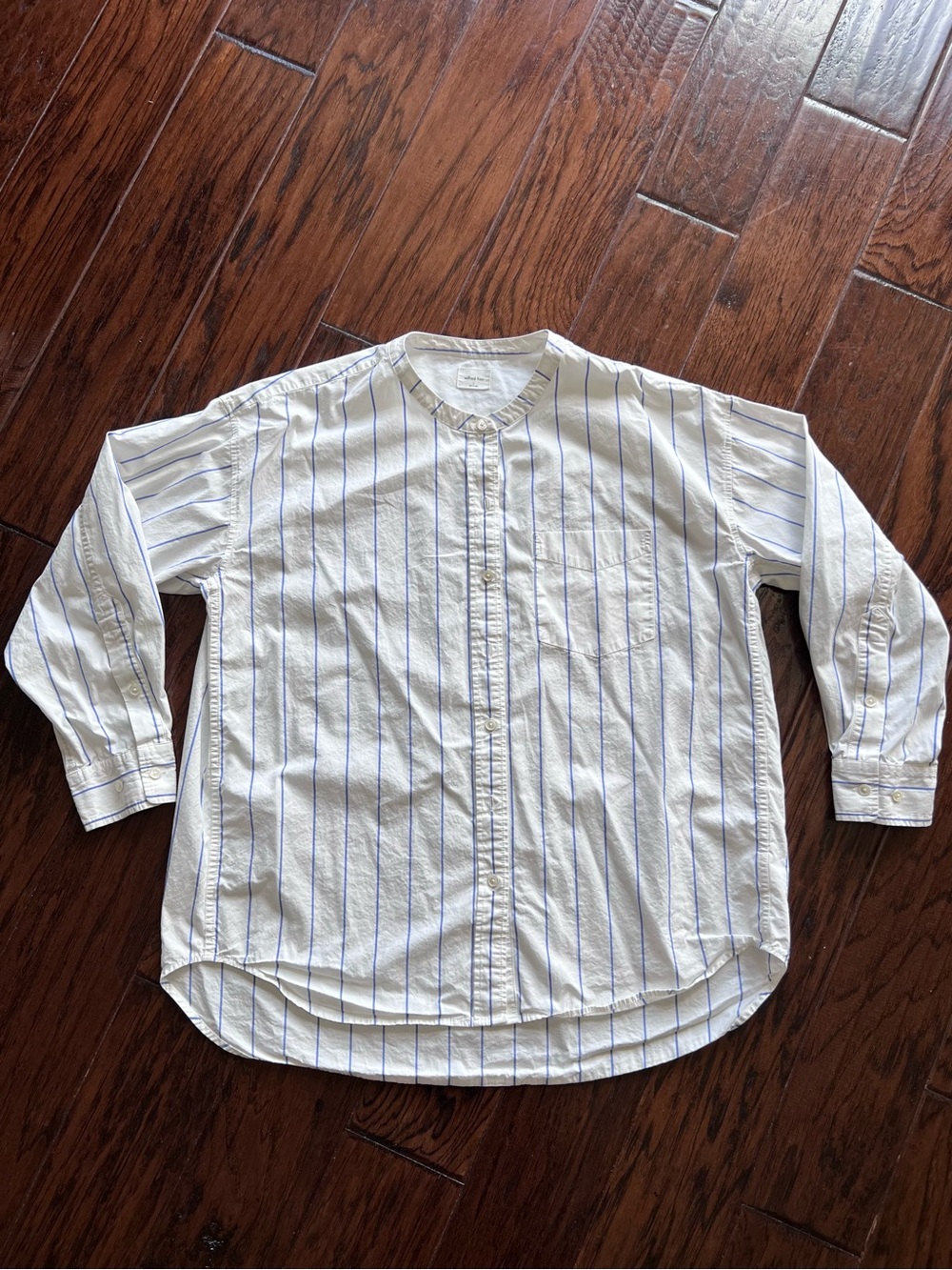 Aritzia Womens White Button-Down Shirt with Blue Stripes